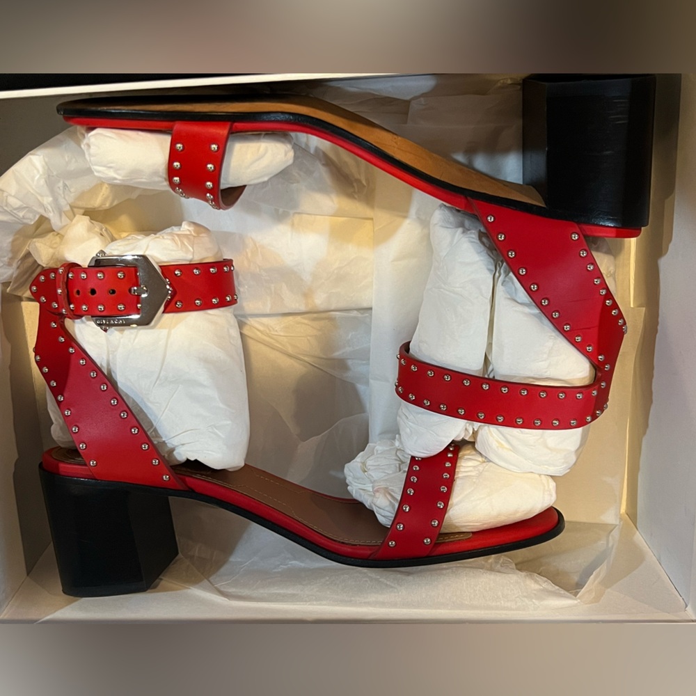 GIVENCHY Elegant Stud Leather Sandals Poppy Red Calf Leather 60MM Shoes 38.5 Box